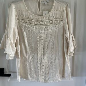 Vintage America Cream Flutter Sleeve Blouse with Ruffled Bib Collar